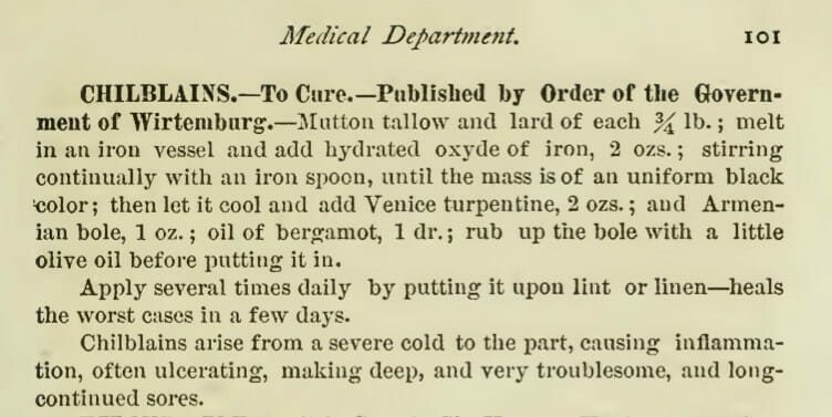 Remedy for Chilblains from "Dr Chase's Recipes", printed in 1875